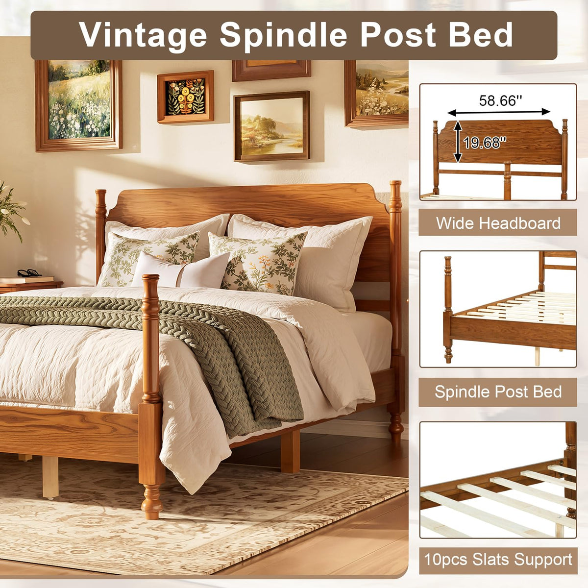 Wood Bed Frame with Vintage headboard, Spindle Platform Bed with High Posts Design, Sturdy Wooden Slats Support