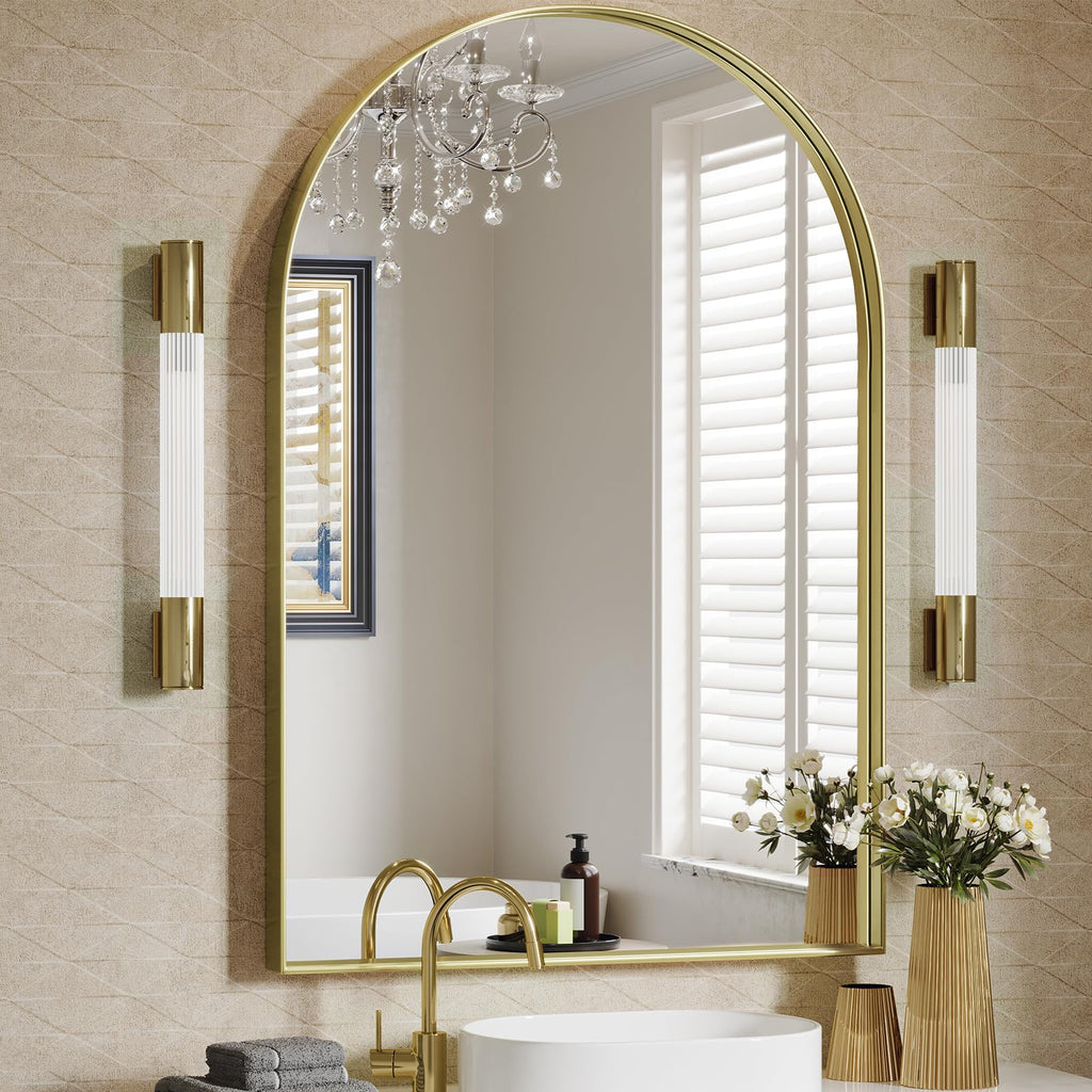 Arched Mirror, 24 x 36 Inch Gold Arch Mirror, Metal Frame Gold Arched Wall Mirror, Arched Top Bathroom Vanity Mirror