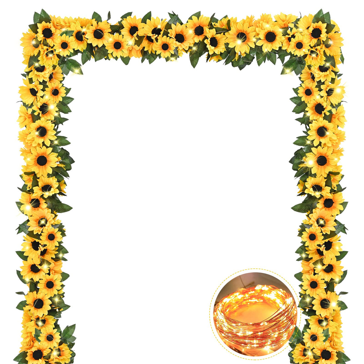 Sunflower Garland Decor with Lights, Sunflower Vines Hanging Flowers Garland with Green Leaves, Fake Yellow Flower