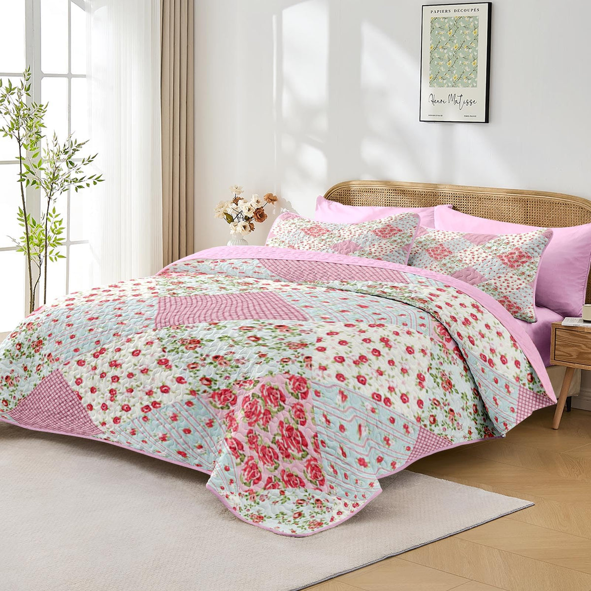 Quilt Set, 2 Pieces Pink Floral Bedding, Bedspread