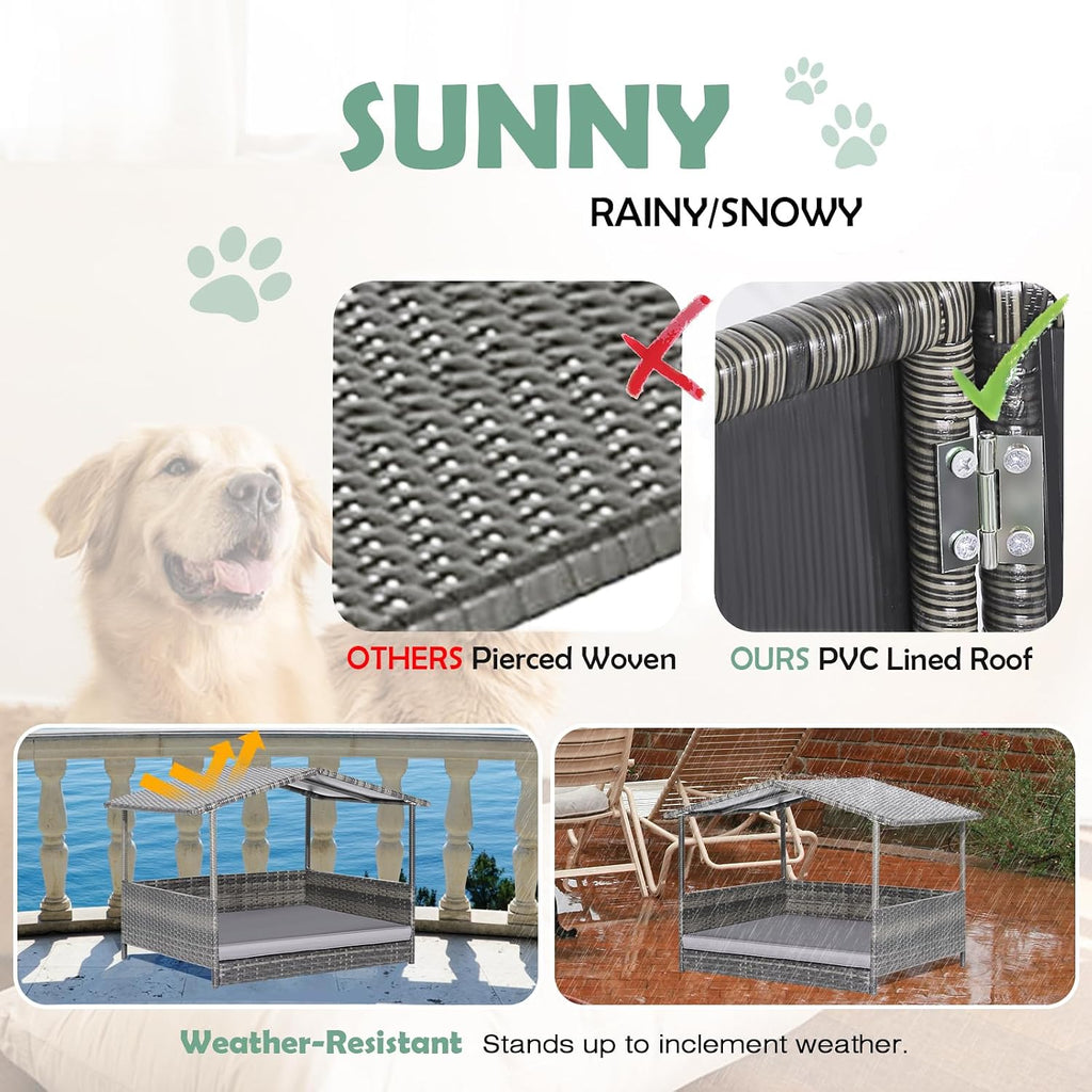 Outdoor Wicker Dog Bed with Canopy, Indoor HDPE Rattan Dog House, Raised Dog Cot Pet House, Elevated Pets Sofa
