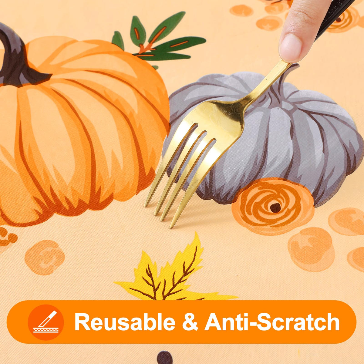 Fall Rectangle Table Cloth, Waterproof Vinyl Tablecloth with Flannel Backing, Wipeable Autumn Pumpkin Plastic Table