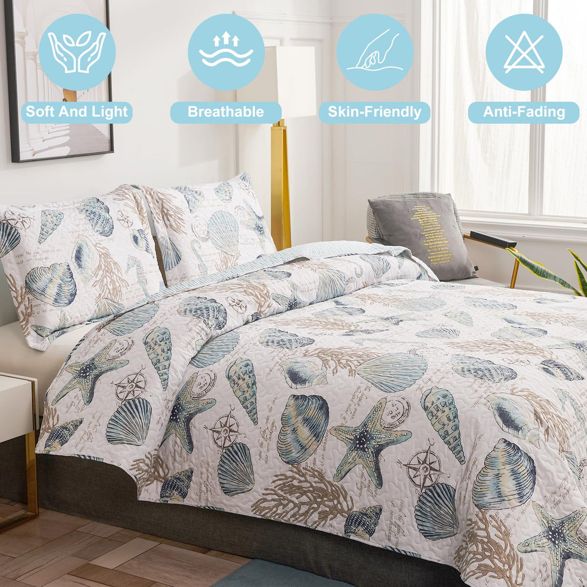Coastal Quilt Set Beach Themed Bedding Summer Quilts Set Lightweight Reversible Bedspread Coverlets