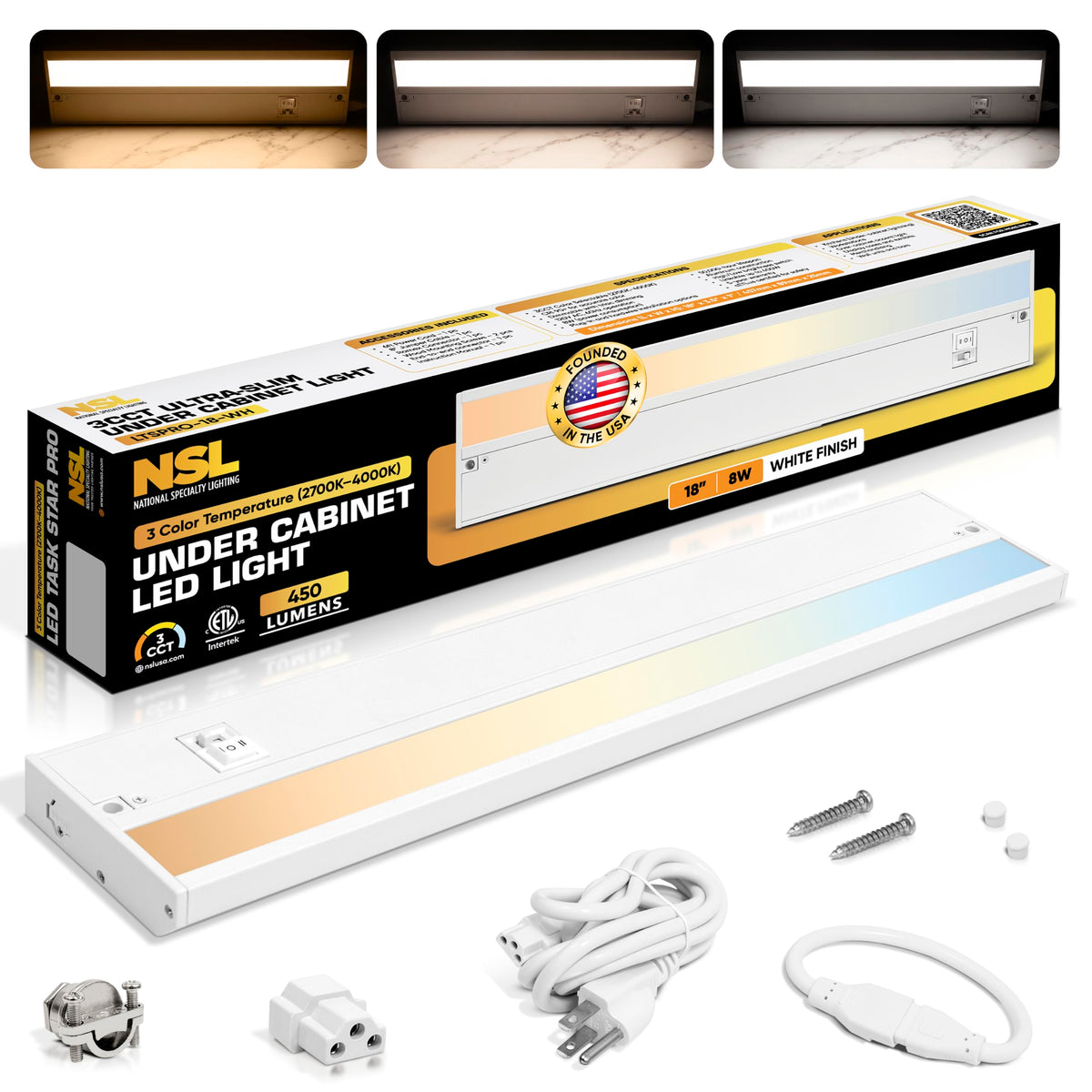 LED Under Cabinet Lighting Hardwired - 3CCT 18 Inch White Finish - Undercabinet Lights - Linkable Undercounter