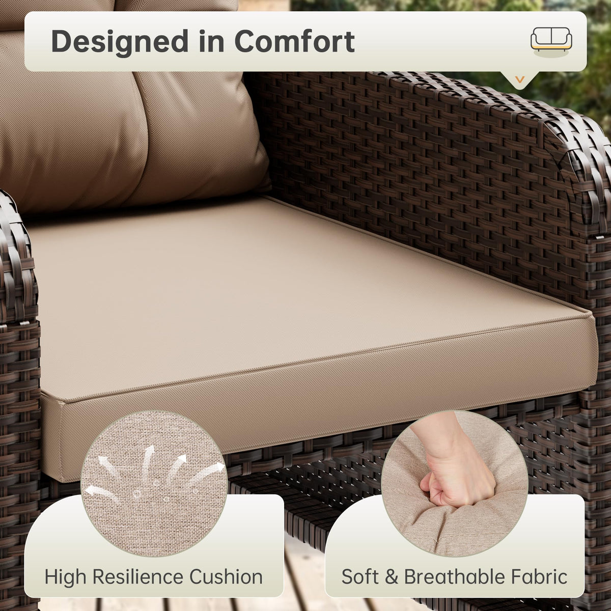 5 Piece Patio Furniture Set, PE Wicker Outdoor Furniture Set with Soft Cushions & Coffee Table, Outdoor Lounge Chairs