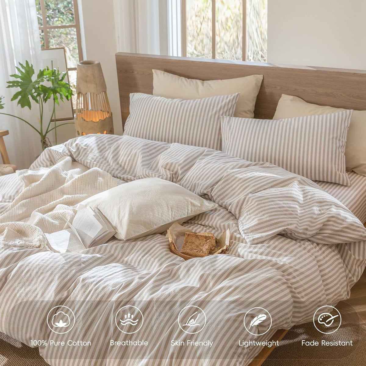 Striped Duvet Cover Set 100% Washed Cotton Linen Like King - Set of 2