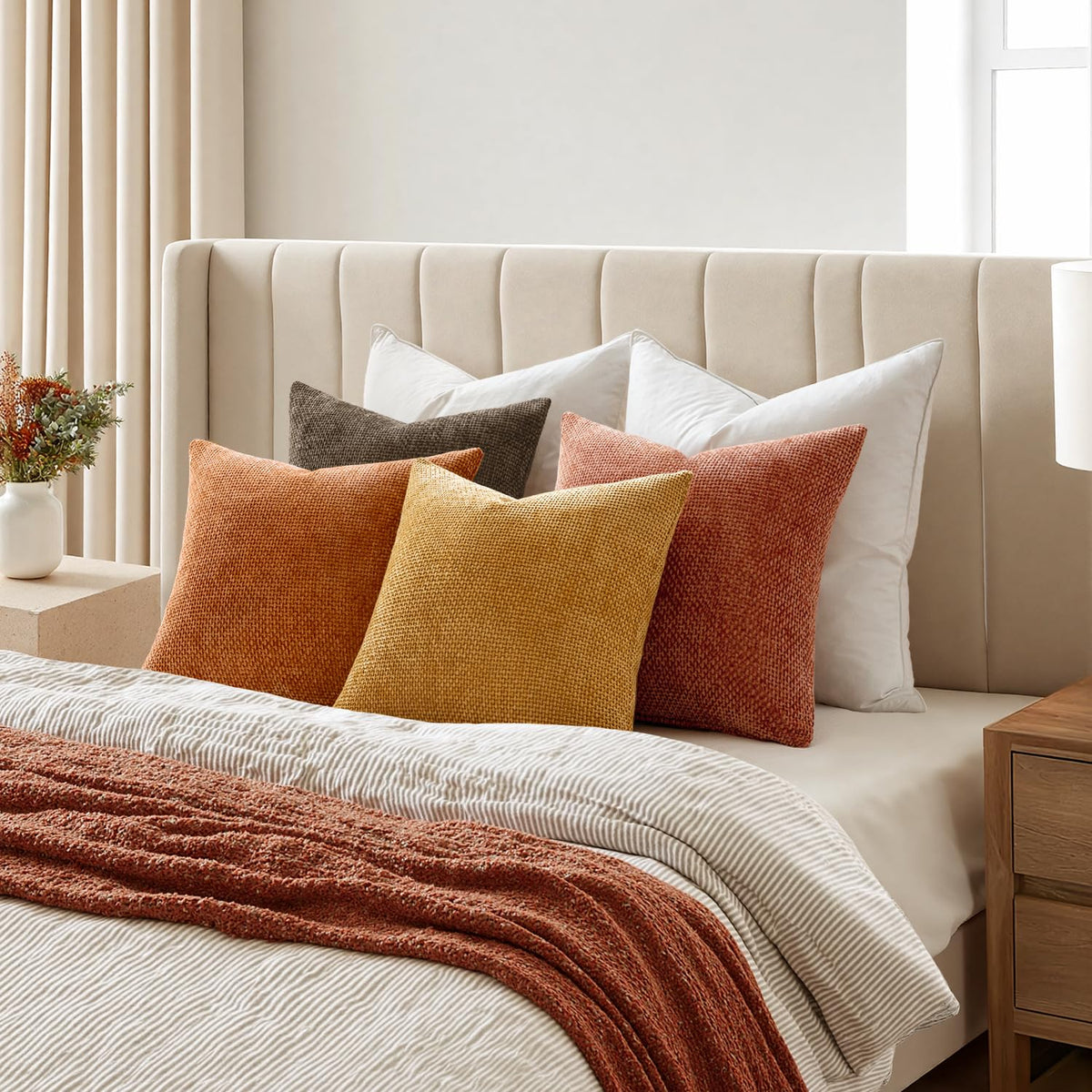 Decorative Chenille Fall Pillow Covers Orange Brown 20x20 Pack of 4