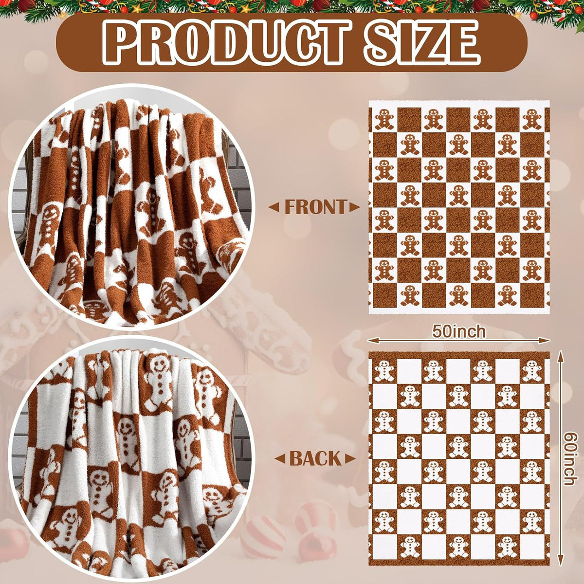 Christmas Gingerbread Man Knit Throw Blanket, 50 x 60 Inch Xmas Reversible Knitted Throw Blanket, Cozy Lightweight