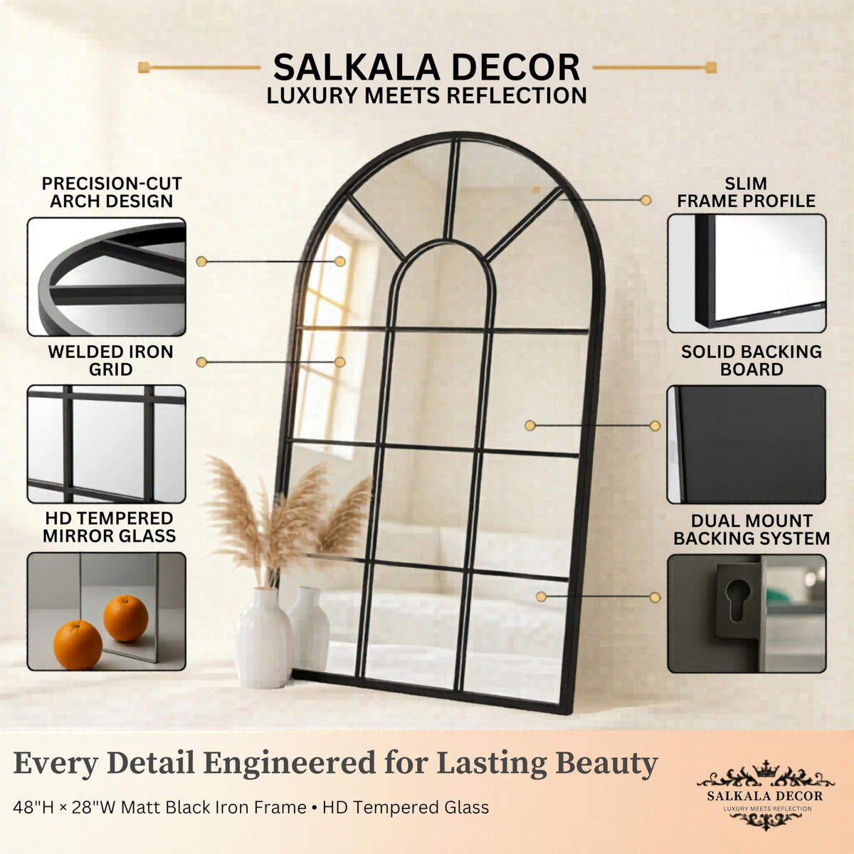 48x28Inch Arched Window Pane Mirror| Black Arched Mirrors for Wall & Floor | Arch Mirror Full Length Living Room &