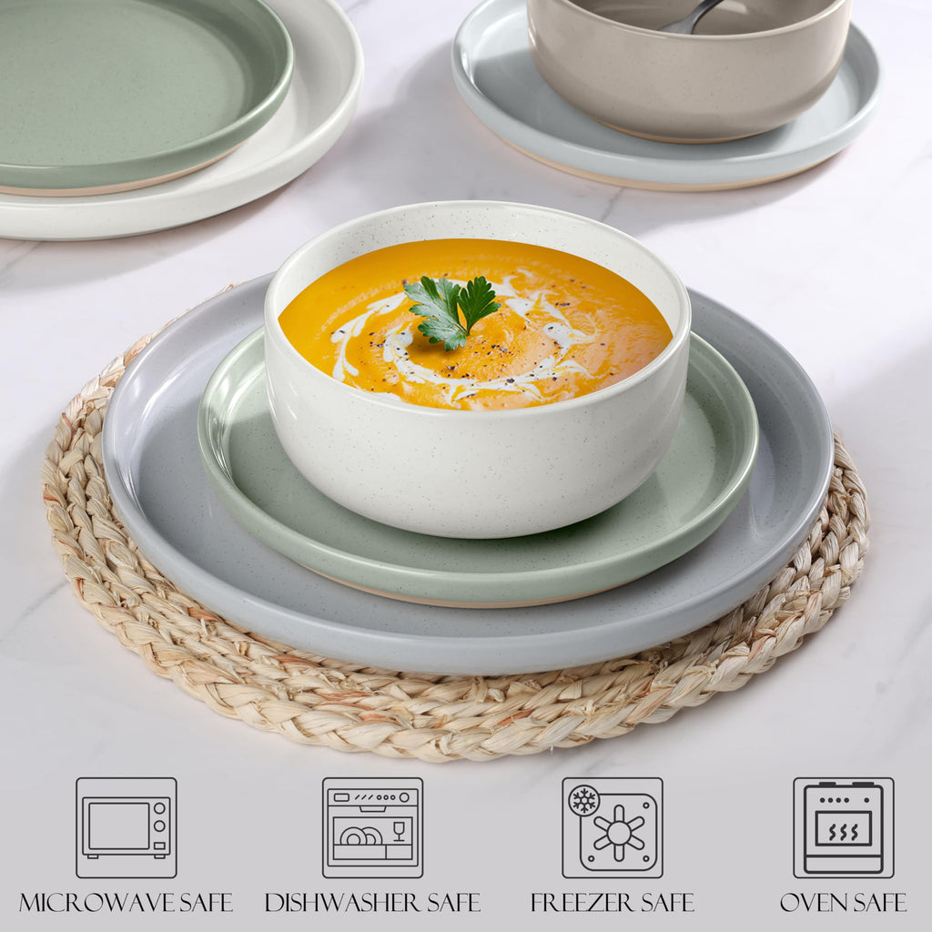 12 Piece Ceramic Dinnerware Set, Stoneware Dinner Dish Set for 4, Kitchen Modern Dishware Plates and Bowls, Scratch