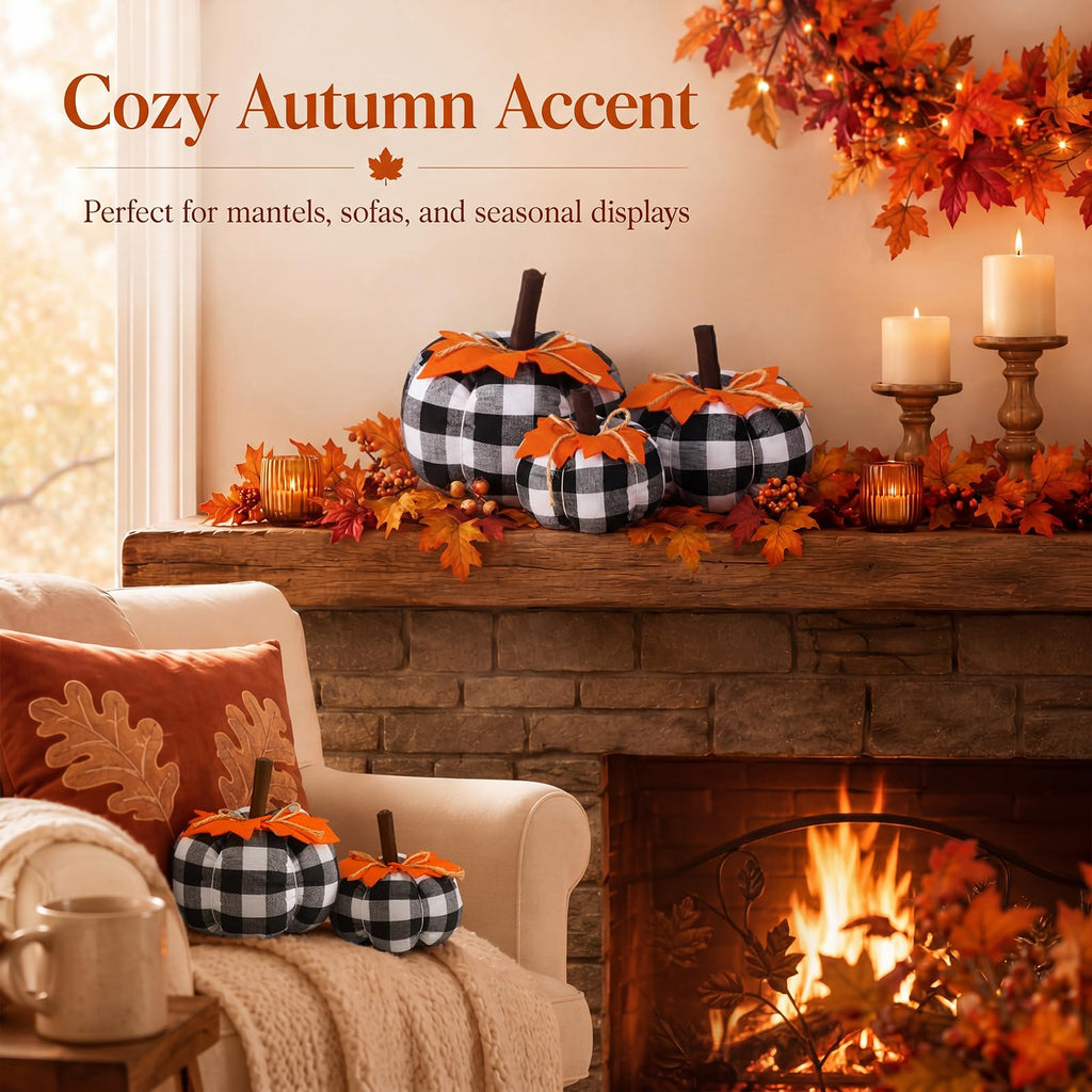 3 Pcs Fall Pumpkins Decor Black White Pumpkins with Orange Leaves