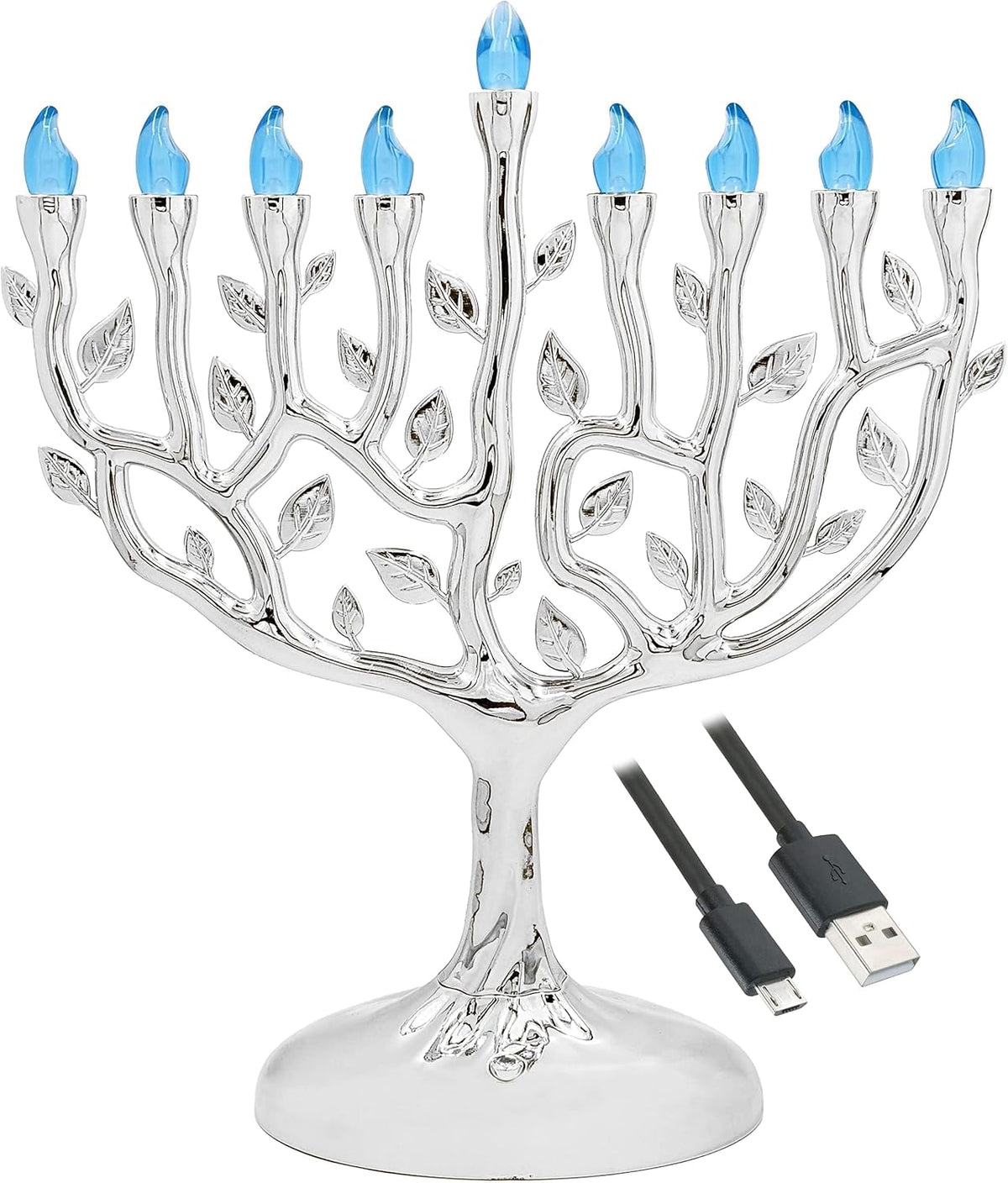 LED Electric Silver Hanukkah Tree of Life - Battery or USB Powered - Includes a Micro USB 4' Charging Cable (1-Pack