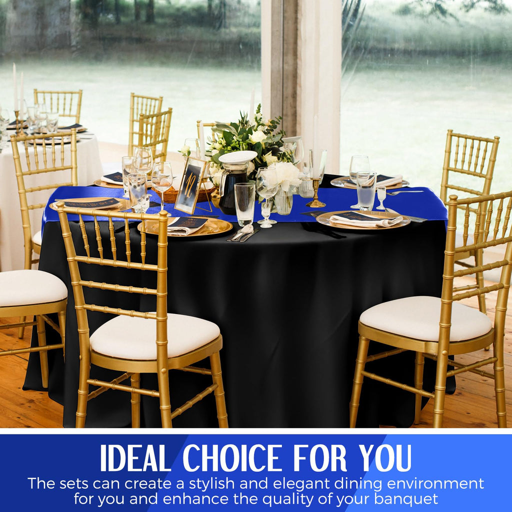 16 Pcs Black and Royal Blue Round Tablecloth and Satin Runner Set