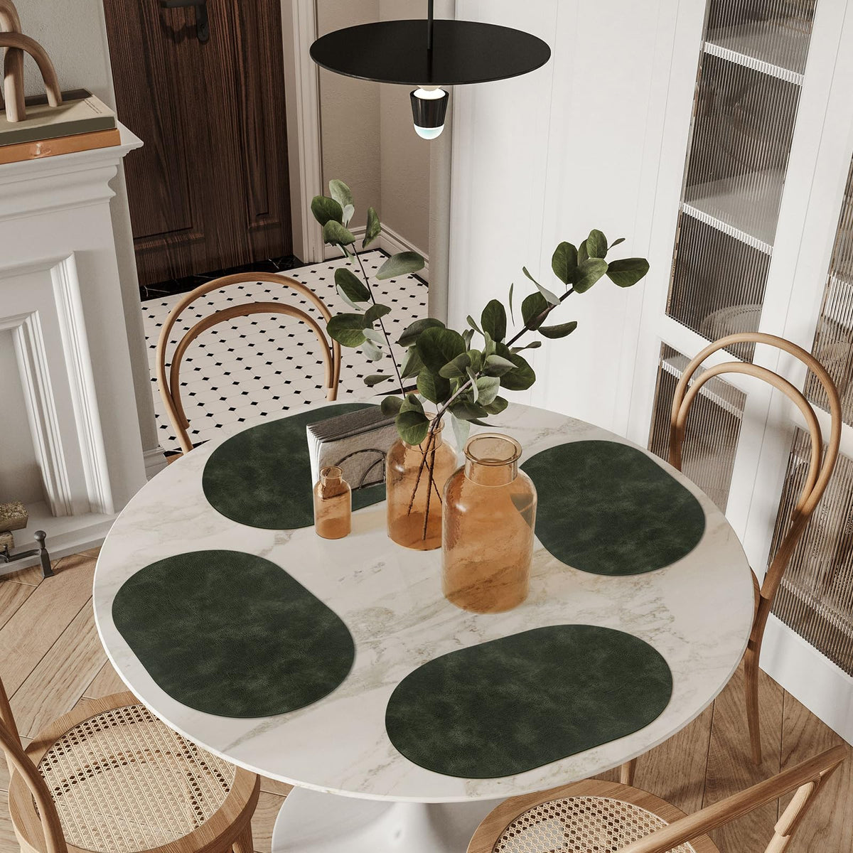 Oval Placemats Set of 12, Wipeable Faux Leather, Olive Green