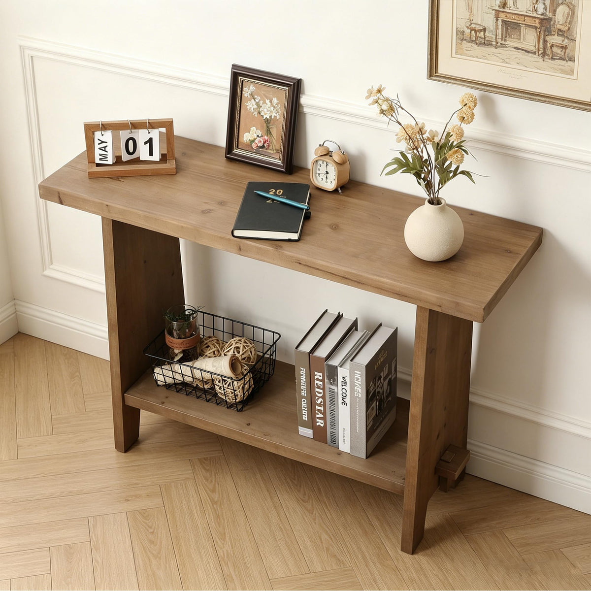 43.3" Wood Console Table, Farmhouse Sofa Table, Brown
