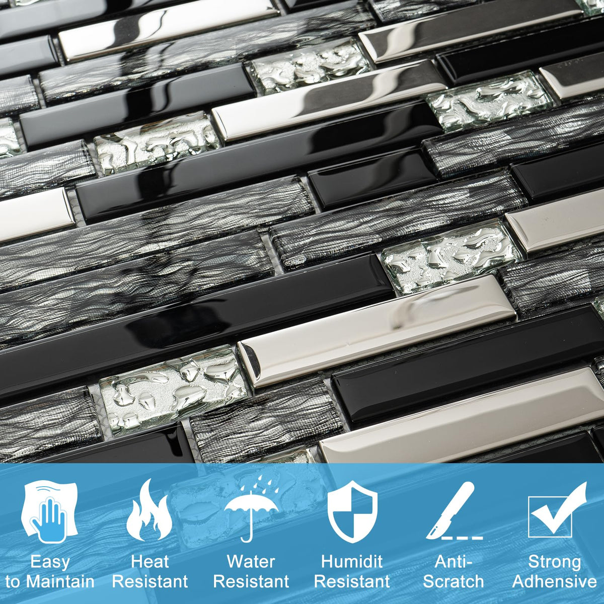 5-Sheet Glass Backsplash Tiles, 5 Square Feet Black Glass Mosaic Backsplash Subway Metal Tile Wall Bathroom