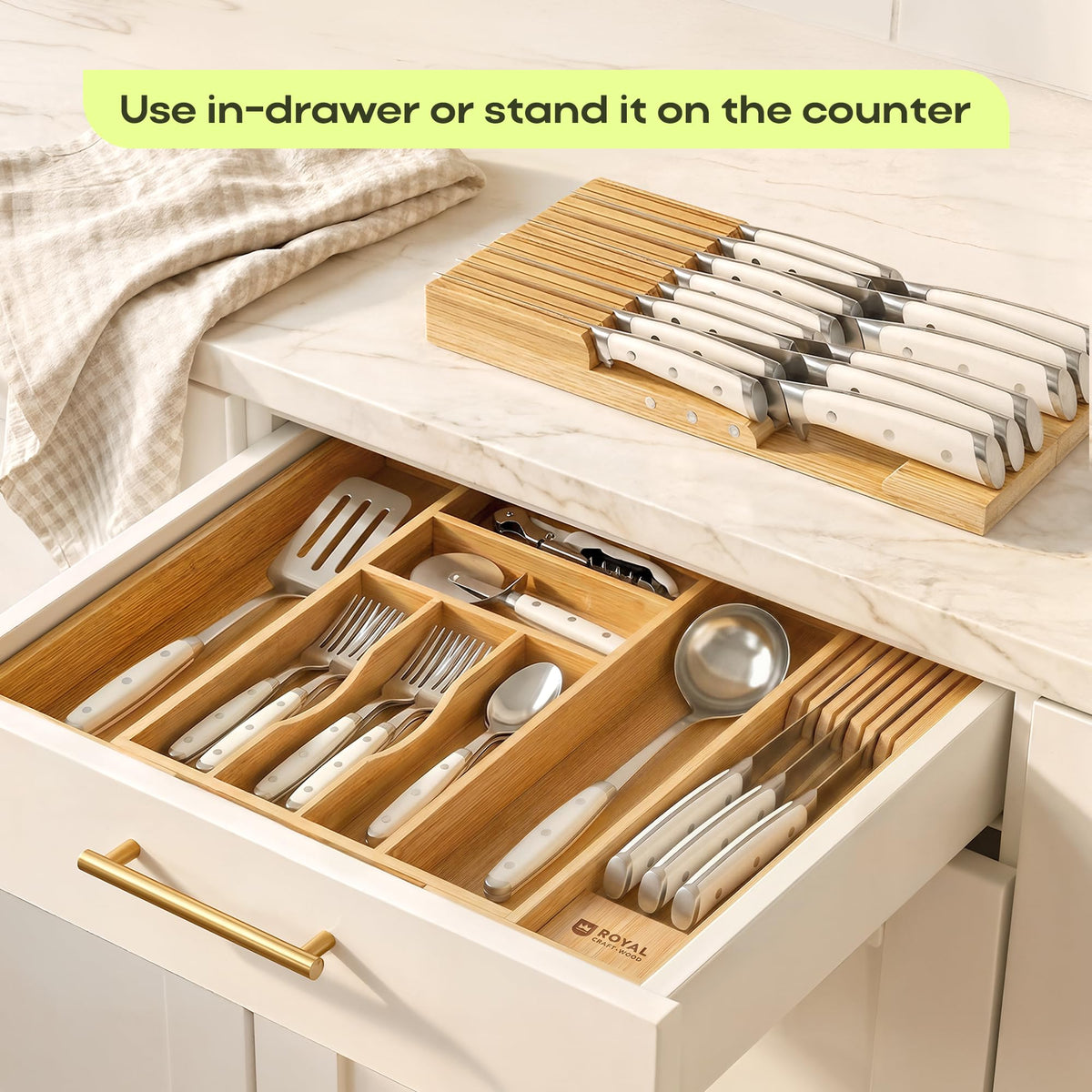 Knife Drawer Organizer - Bamboo In-Drawer Knife Block for 14 Knives - Premium Drawer Knife Organizer Insert, Kitchen