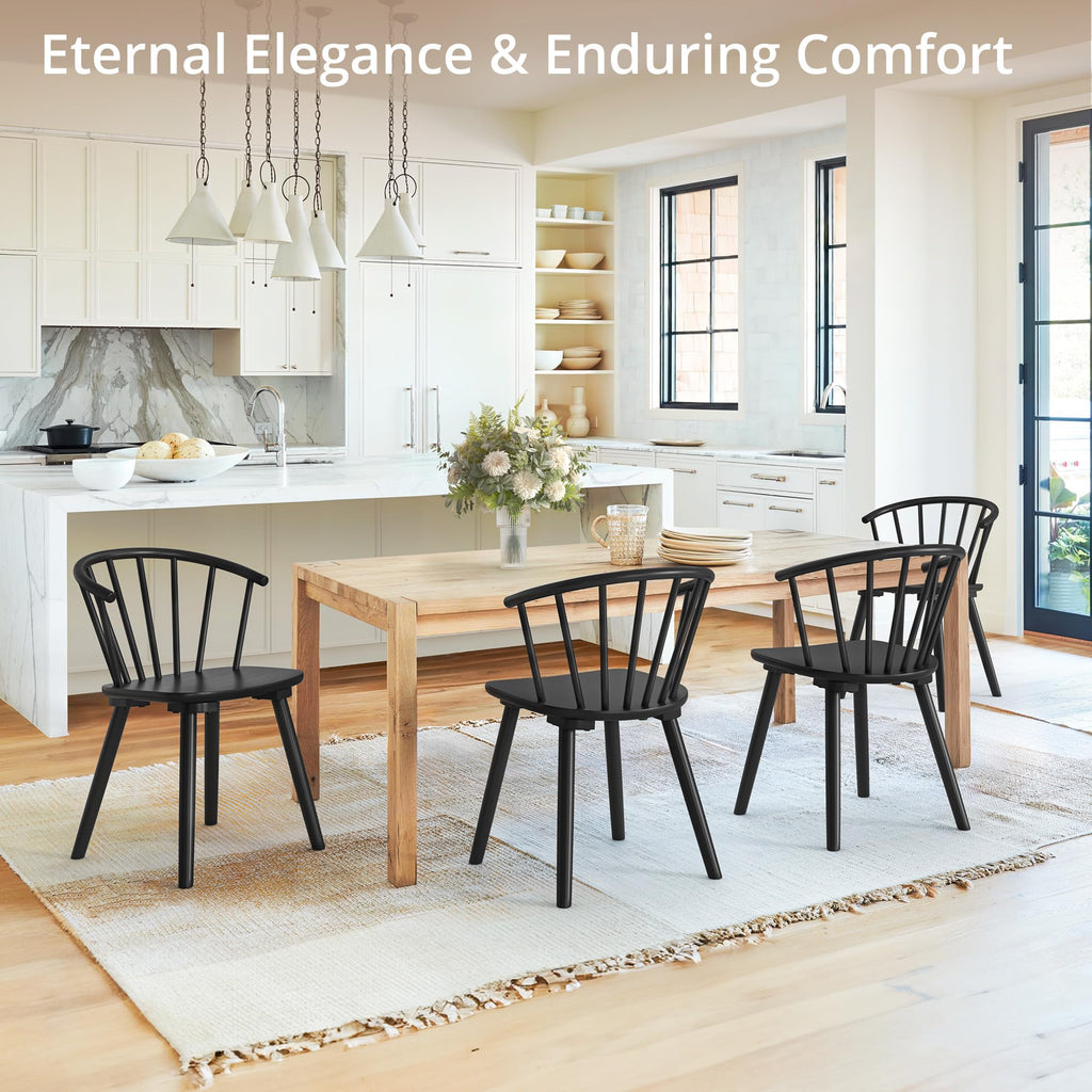 Black Dining Chairs Set of 4, Farmhouse Wood Dining Chairs with Semicircular Backrest, Spindle Dining Chair, 18 Inch