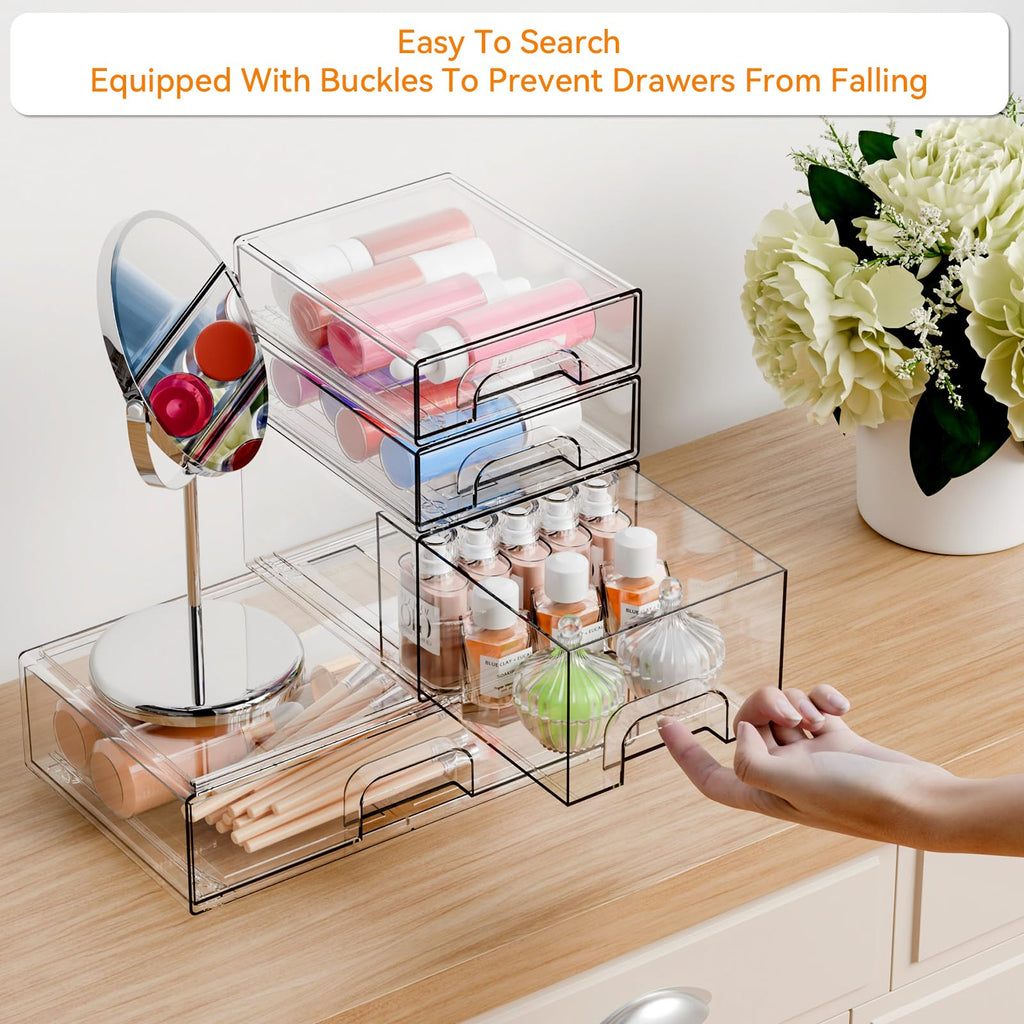 4 Pack Clear Stackable Storage Drawers,Pull-Out Medicine Cabinet Organizer and Containers,Large Acrylic Organizers