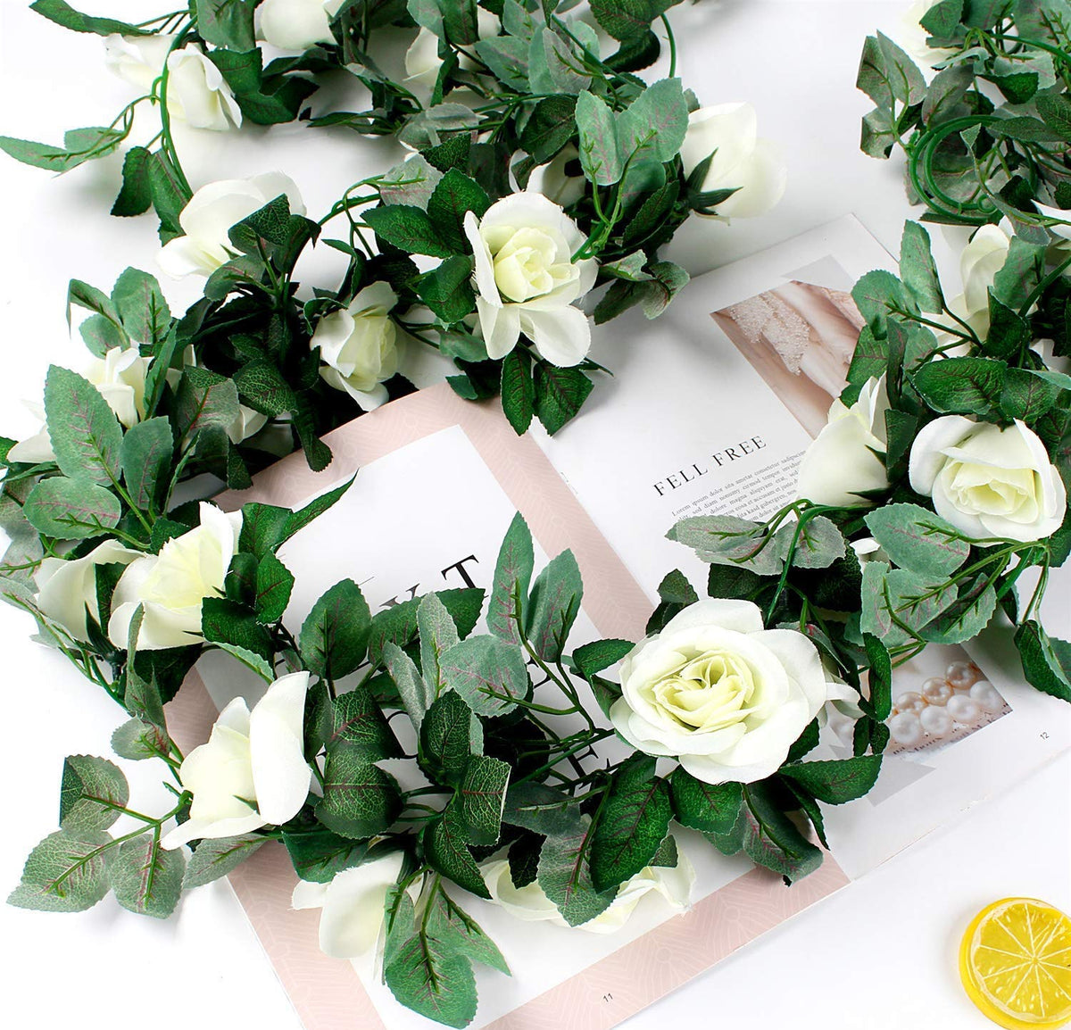 16Ft Artificial Rose Garland Vine (White/2PCS)