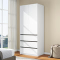 Wooden Wardrobe Closet with 2 Doors: 75" Bedroom Armoire Wardrobe Closet with 3 Drawers, White Cabinet with Hanging