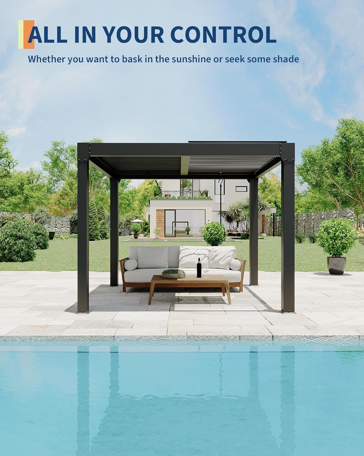 Louvered Pergola 10 ft x10', Outdoor Pergola with Adjustable Louvered Roof, Reinforced Aluminum Frame