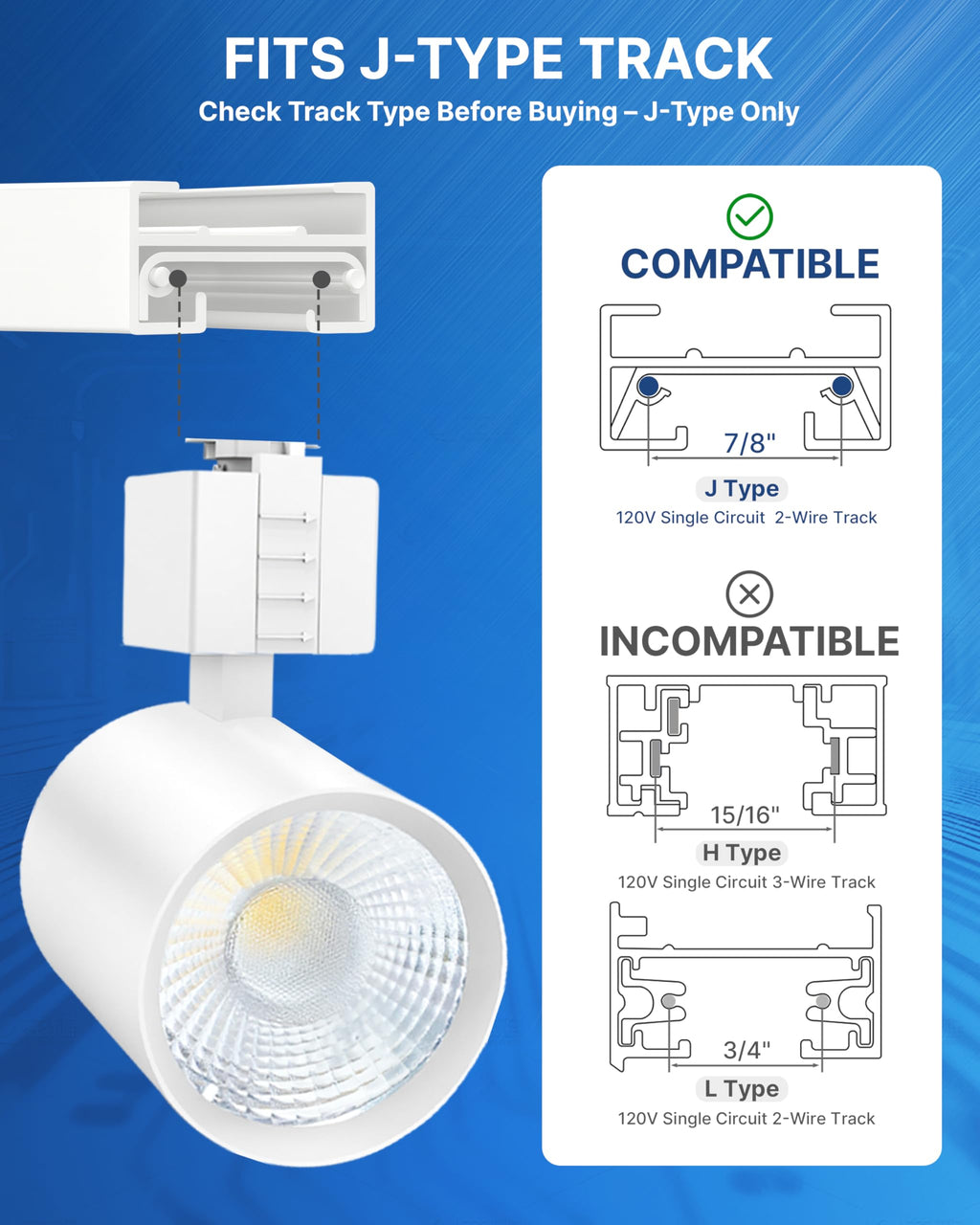 LED J Track Lighting Heads, 10W (60W Eq.), 5CCT (2700K-5000K), 800LM CRI90 Dimmable Track Light Head, 36°COB
