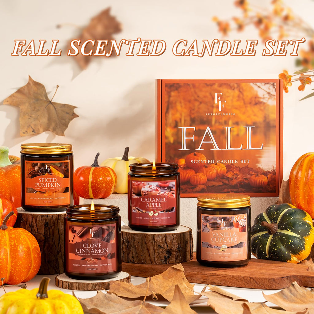 Fall Candles Set, 4 Pack Candles Scented Natural Soy Wax, Autumn Gifts Set for Women Men, Fall Fragrance of