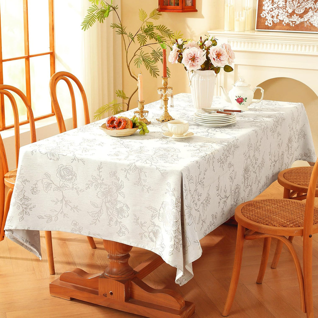 Premium Vintage Farmhouse Damask Floral 60 x 84 inch Rectangle Table Cloth - Water Resistant Linen Textured Jacquard
