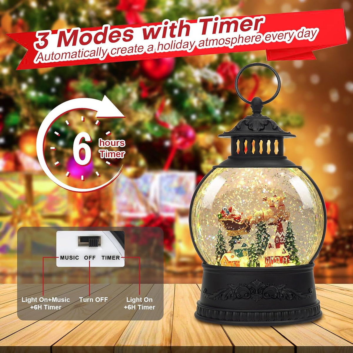 Christmas Snow Globe Water Lantern with Timer and Music, USB and Battery Operated Lighted Led Globe, Santa Snowglobe