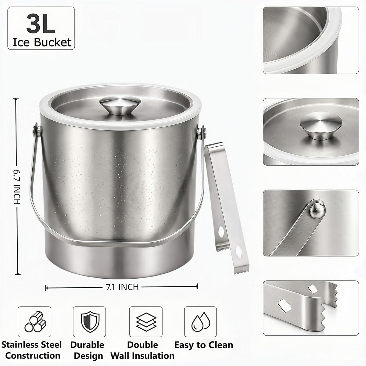 3L Stainless Steel Ice Bucket with Lid & Tongs for Parties