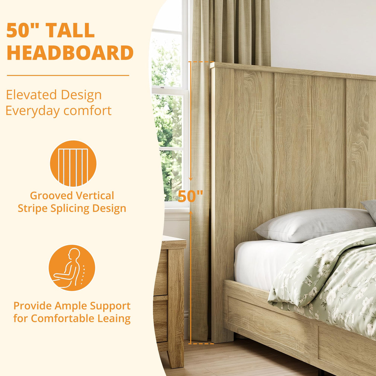 Farmhouse Bed Frame with 50" Tall Headboard, Natural Oak