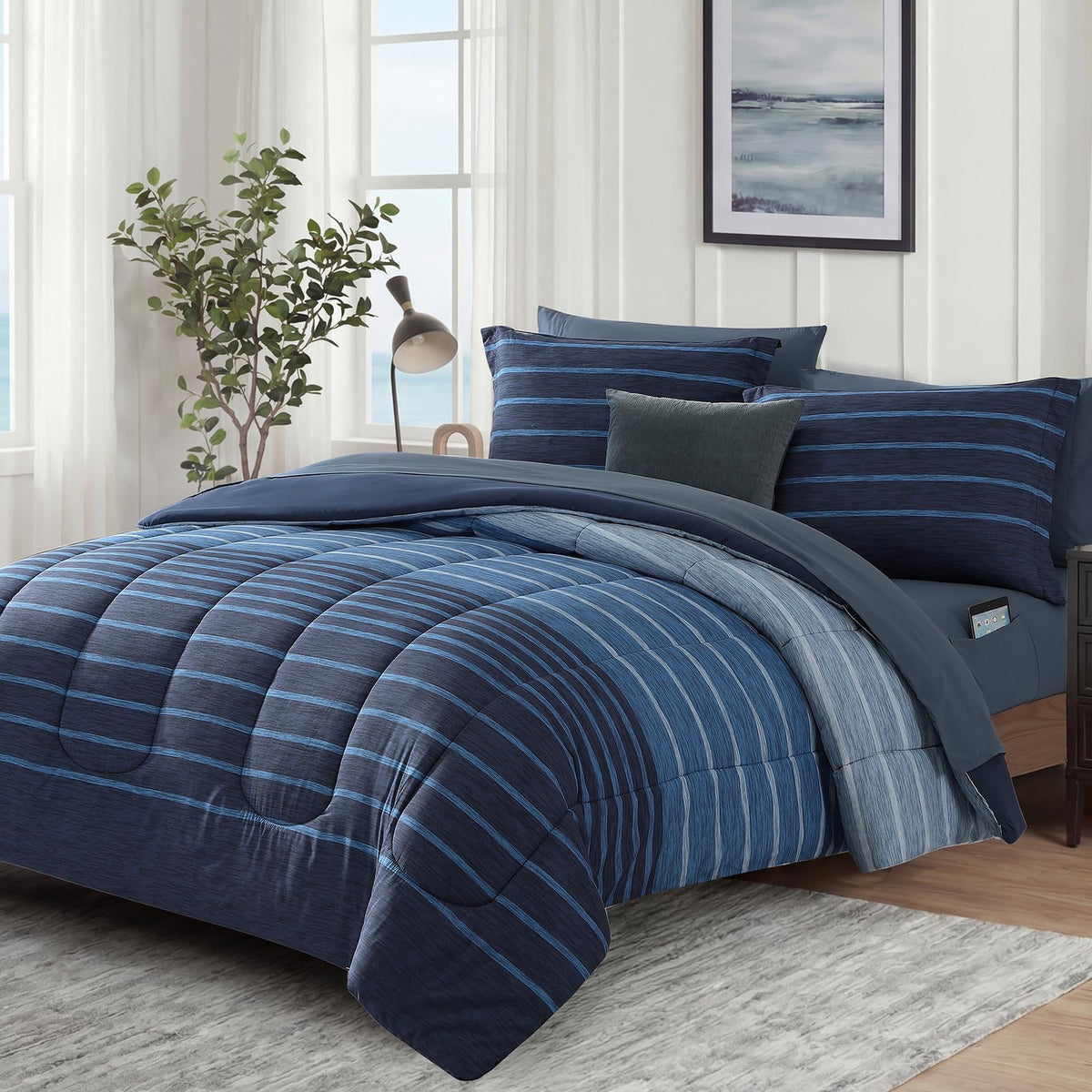 Comforter Set - 7 Pieces Bed in a Bag, Navy Blue-Stripe Bedding Sets, All Seasons Comforter Bed Set