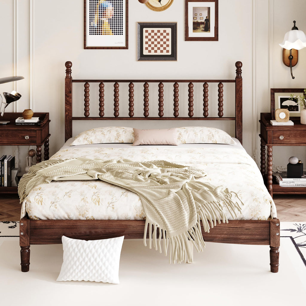 Vintage Wood Bed Frame Queen Size with Spindle Headboard, Walnut