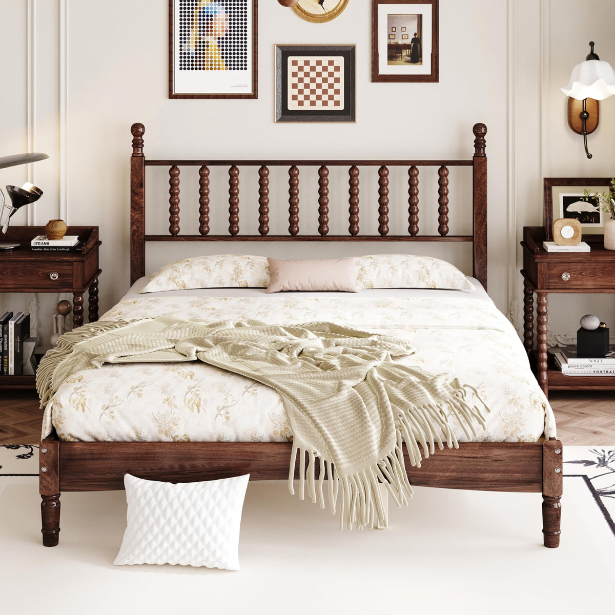 Vintage Wood Bed Frame Queen Size with Spindle Headboard, Walnut
