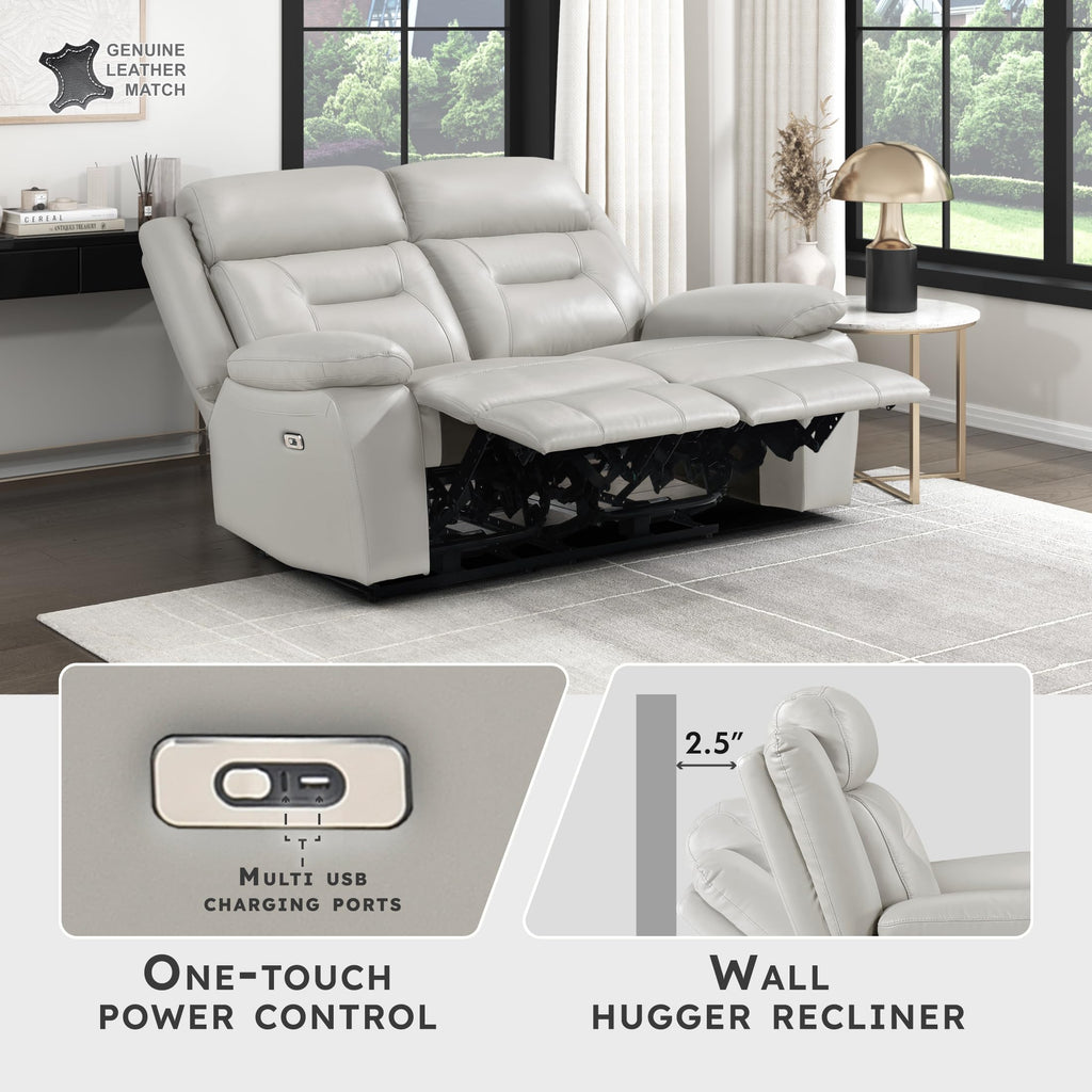 Top Grain Leather Match Power Double Recliner Loveseat, Silver