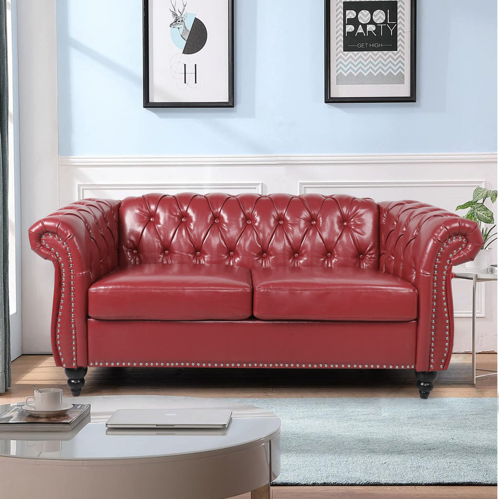 Leather Sofa, Chesterfield Tufted Upholstered 2 Seater Couch, Modern Loveseat Couch Classic Furniture Bedroom (Wine