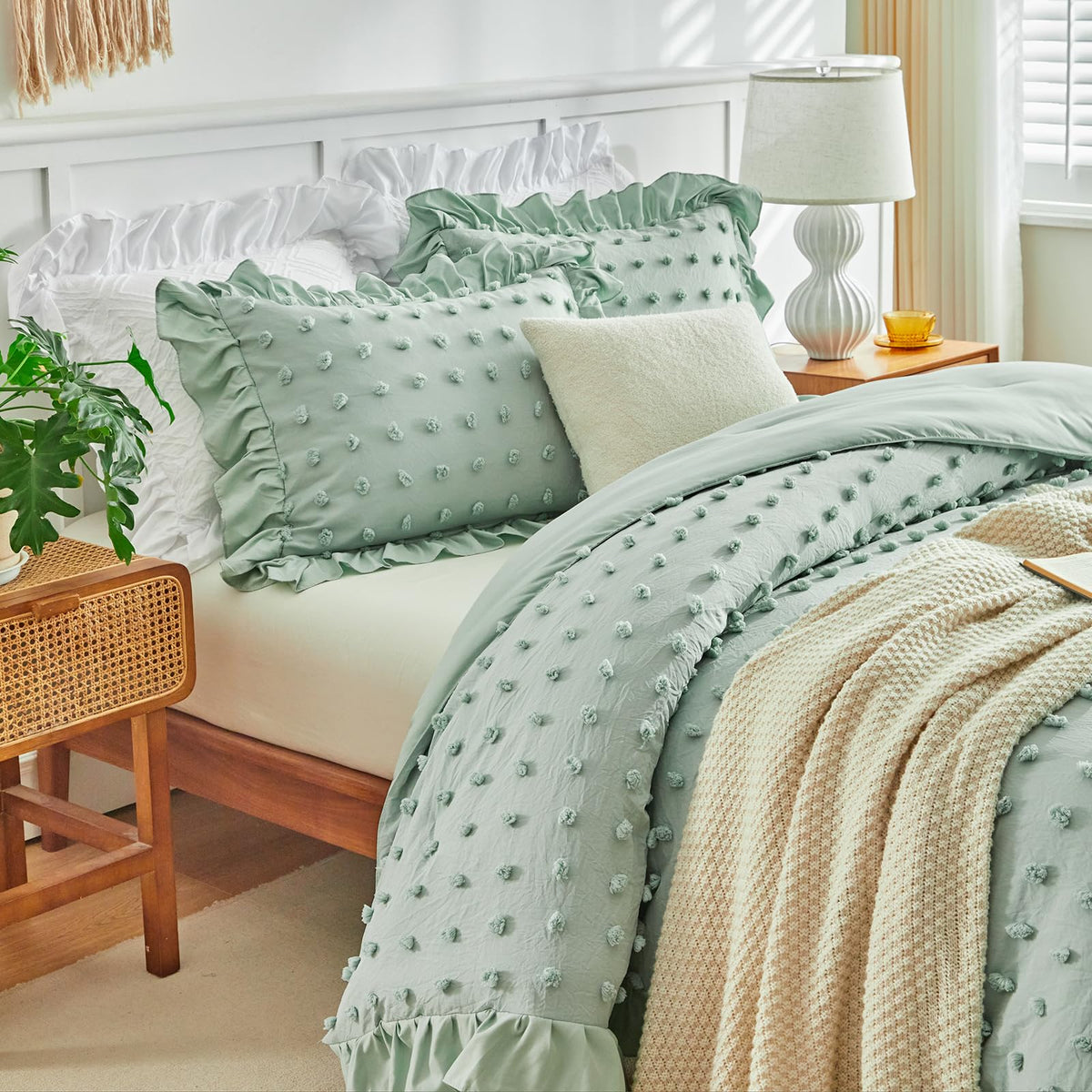 Tufted Dots Ruffle Comforter Set, 3 Pieces Sage Green Vintage Farmhouse Shabby Chic Comforters, Jacquard