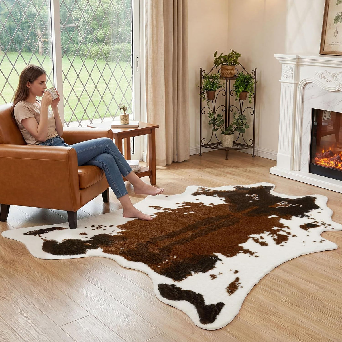 Large Durable Faux Cowhide Area Rug 4.9 x 6.56 Feet, Premium Cow Print Rug Bedroom, Durable Faux Fur Animal Cow Hide