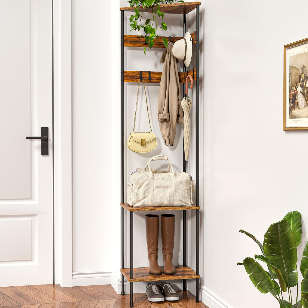 Corner Coat Rack Freestanding with Shelves and 8 Hooks, Rustic Brown