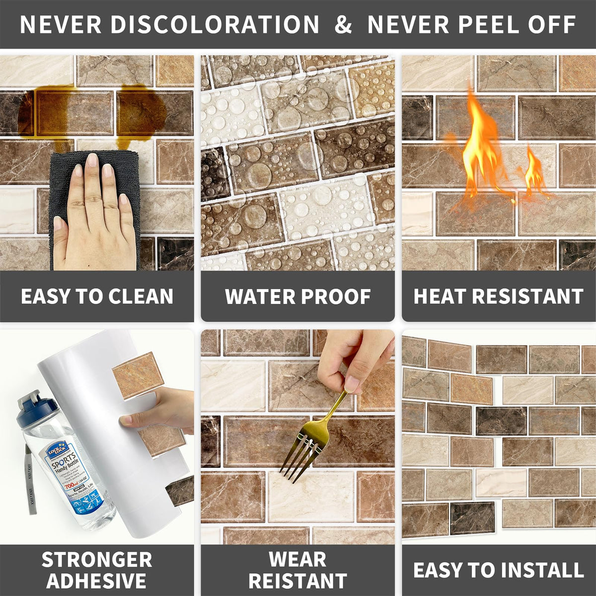 10-Sheet Stick on Backsplash ,12"x12" Peel and Stick Self Adhesive Wall Tiles Back Splashes Brown Marble Look