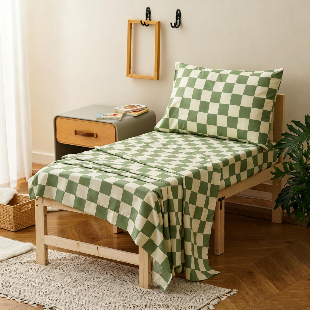 Grid Toddler Bedding Set Green White Checkered 4 Pieces Crib Bed Set Kids Pliad Comforter Set