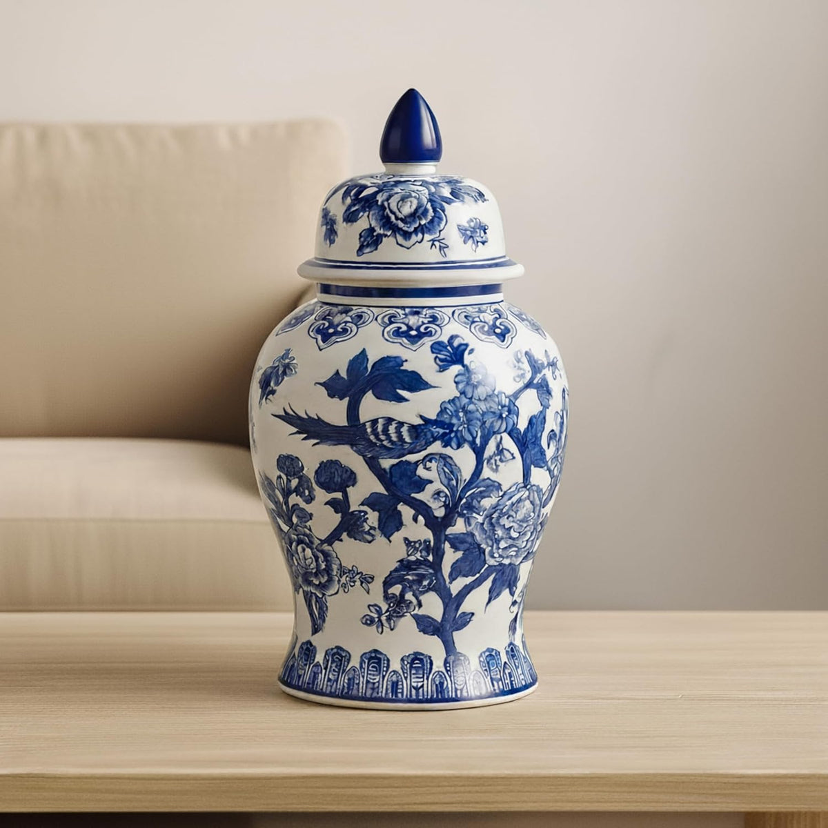 Chinoiserie Ginger Jar with Lid - Hand-Painted Ceramic Oriental Decorative Vase Decor - Modern Centerpiece - 14"