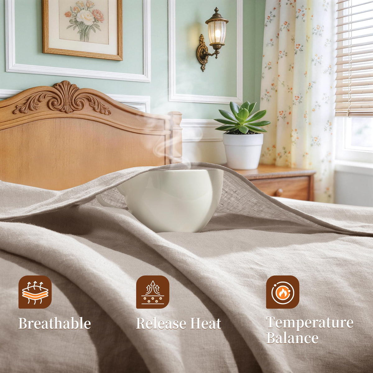 100% French Linen Sheet Set 4Pcs Deep Pocket 16", Linen Color