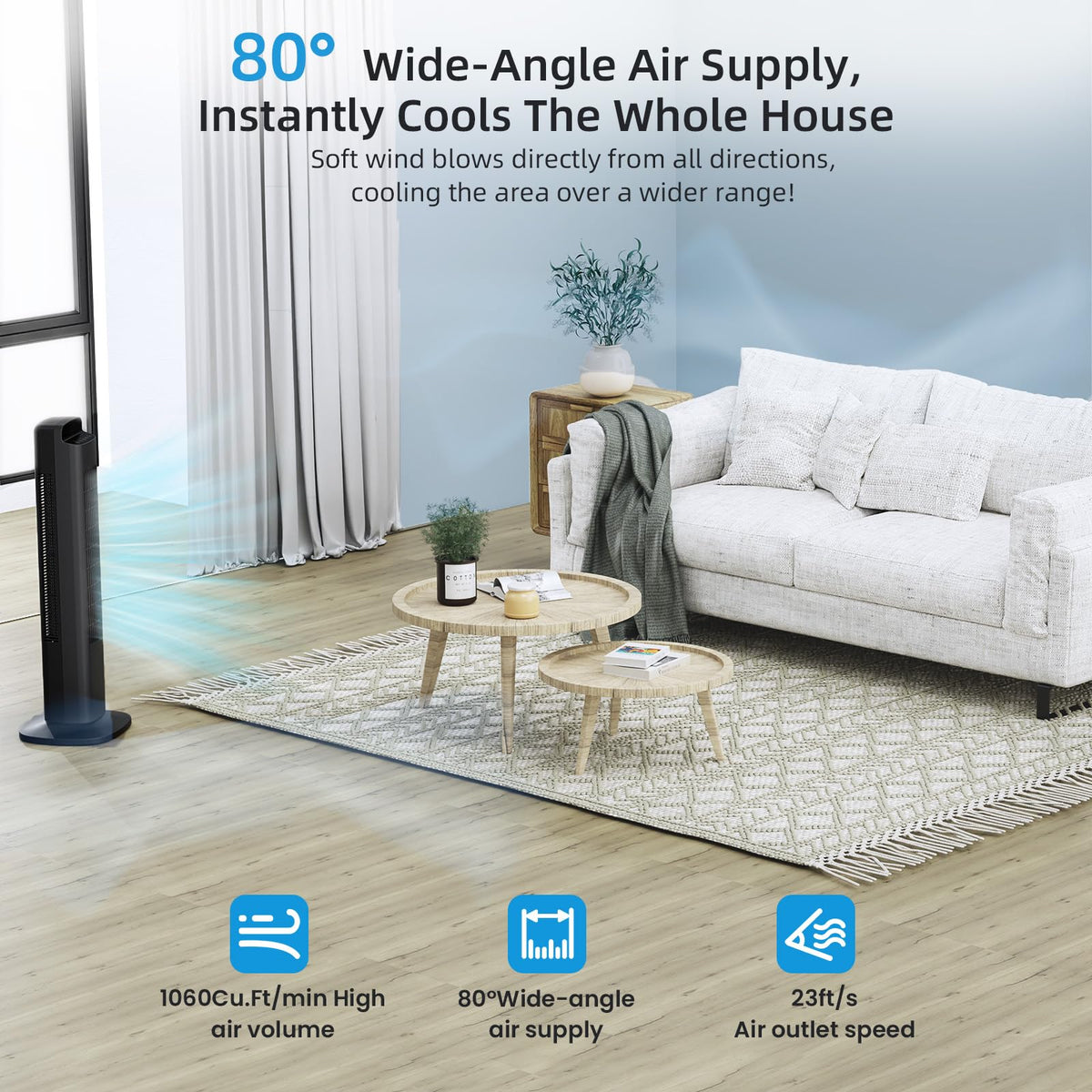 Portable Tower Fan, 80°Oscillation Fan, with Remote Control, Standing Bladeless Fan, 5 Speeds and 3 Modes, Low Noise