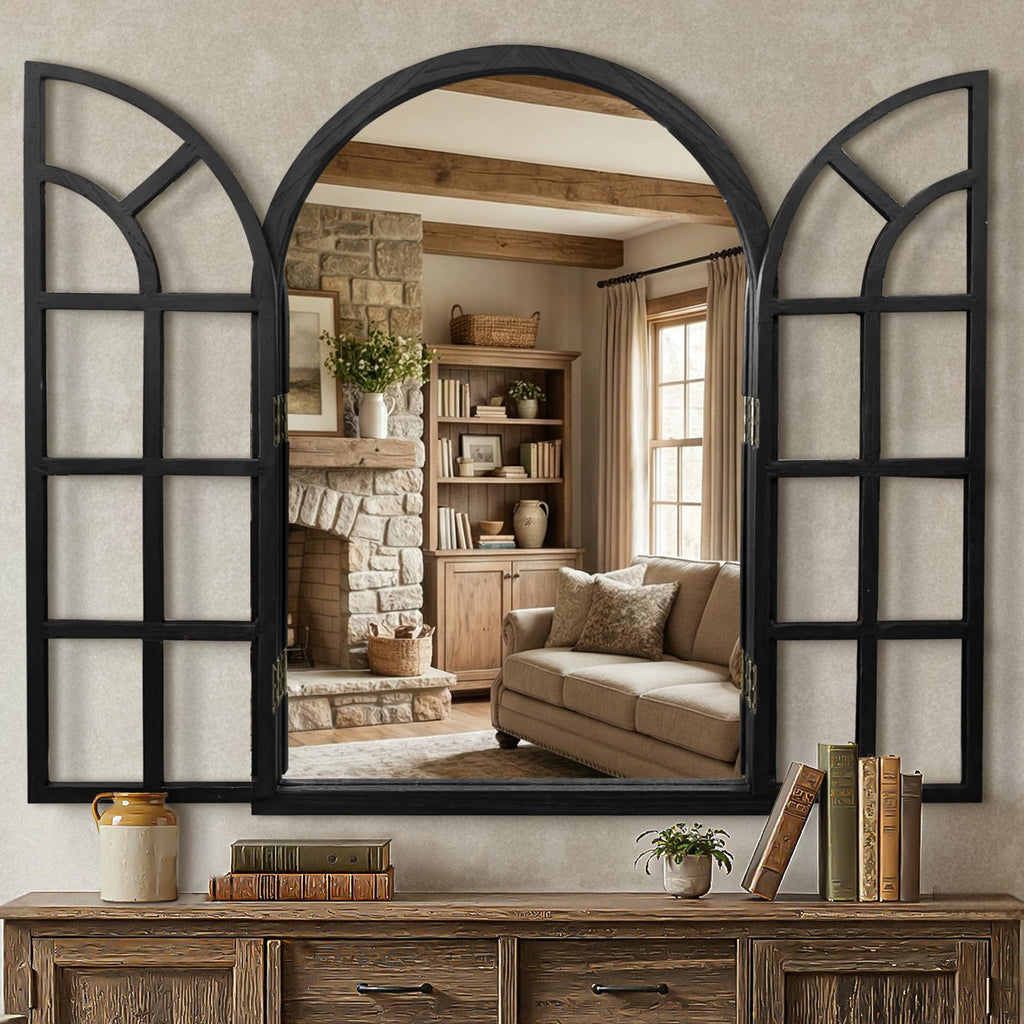Arched Rustic Farmhouse Wood Mirror for Wall, 26" x 38", Black