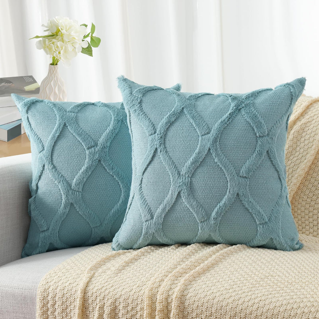 Fall Faux Fur Aqua Throw Pillow Covers 18x18 Set of 2