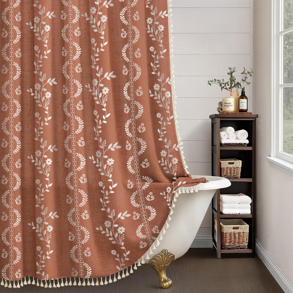 Boho Terracotta Vintage Shower Curtain with Tassels