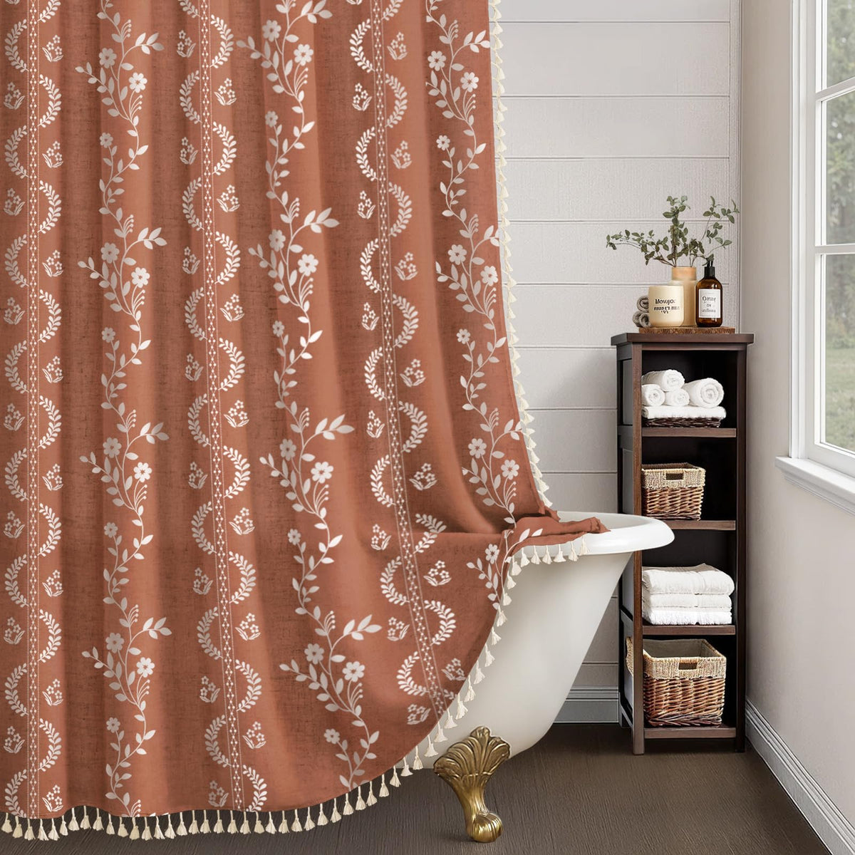 Boho Terracotta Vintage Shower Curtain with Tassels