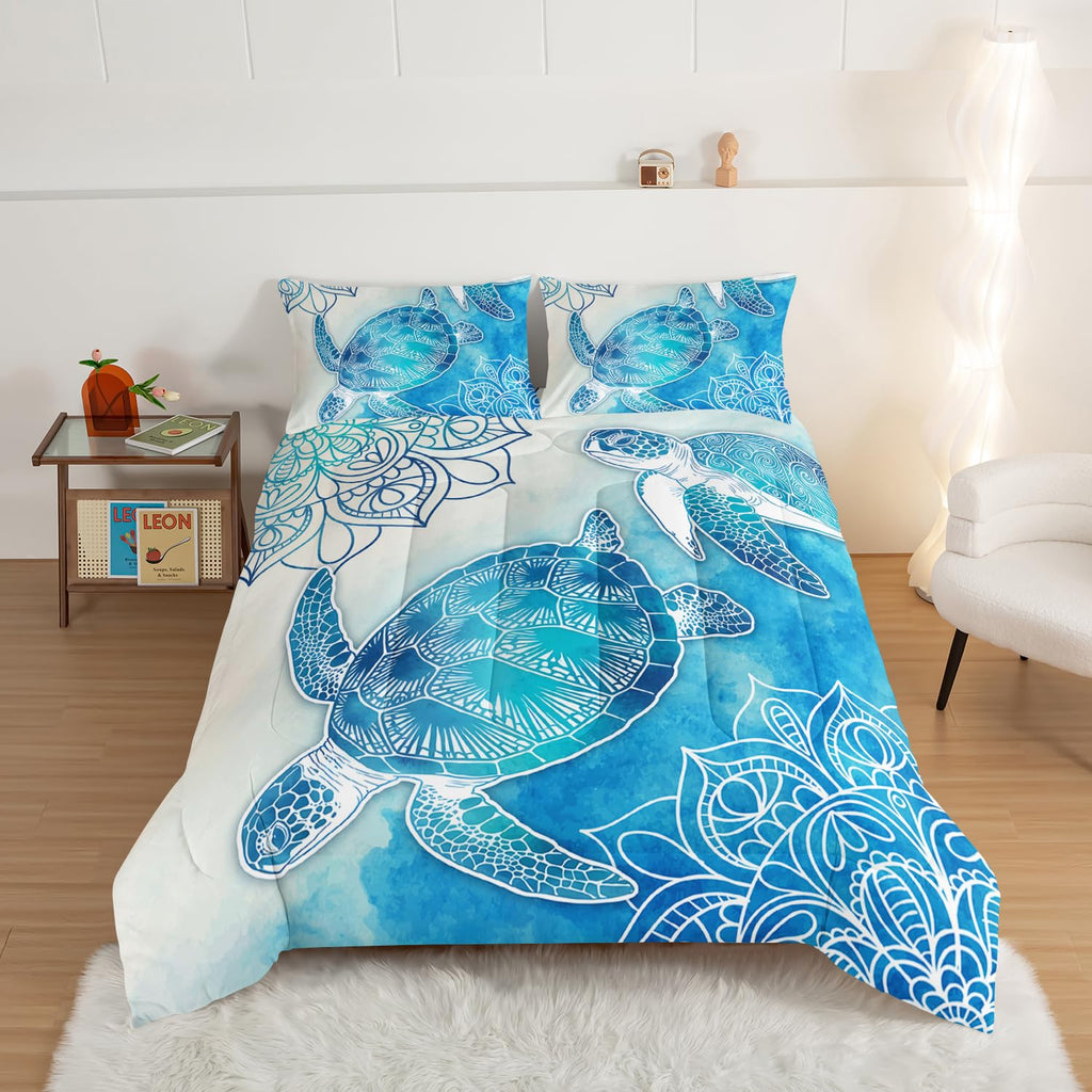 Sea Turtle Comforter Set, Coastal Bedding with 2 Pillowcases.